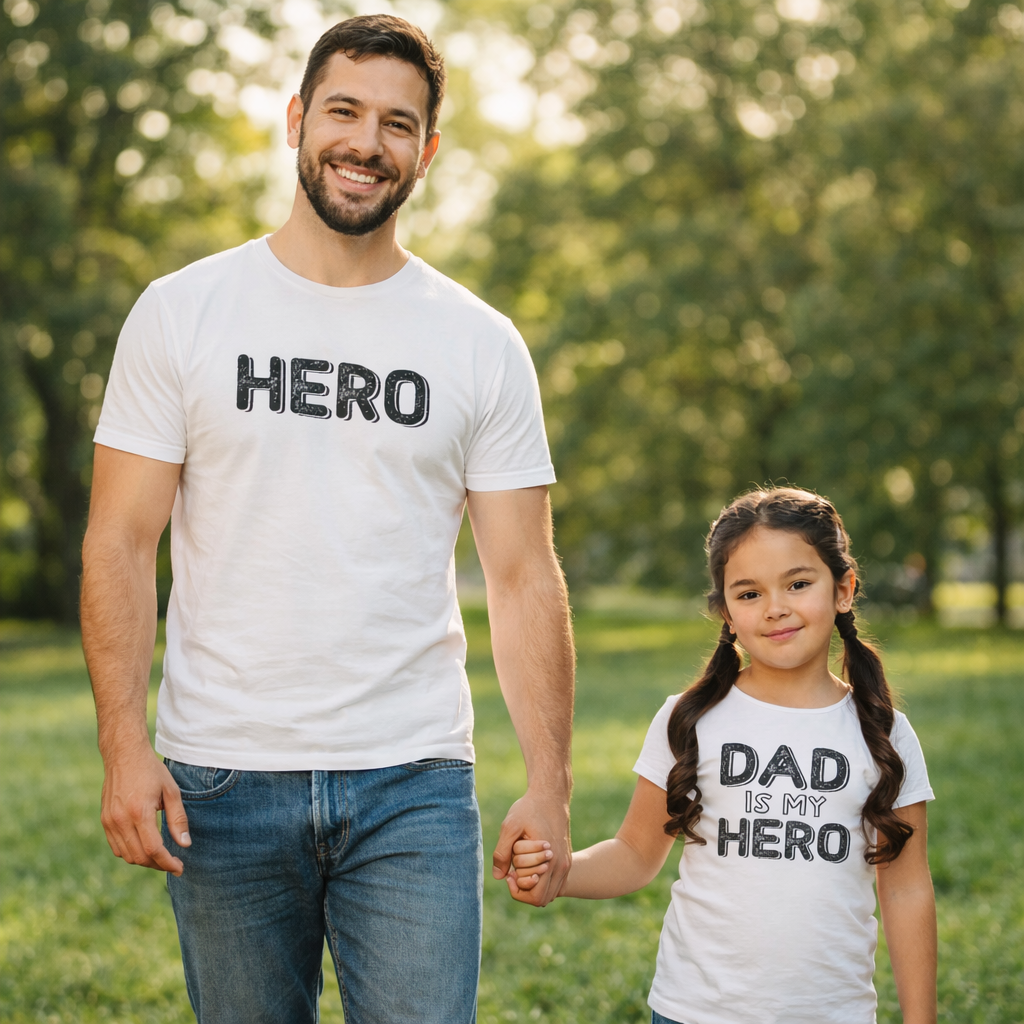 Hero & Dad Is My Hero - Matching Set - Baby / Kids T-Shirt & Dad T-Shirt - (Sold Separately)