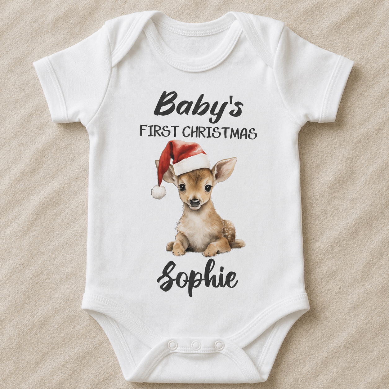 PERSONALISIERTES Baby-Weihnachtsgeschenk, Baby-Rentier &amp; Name – Baby-Body &amp; Baby-T-Shirt 