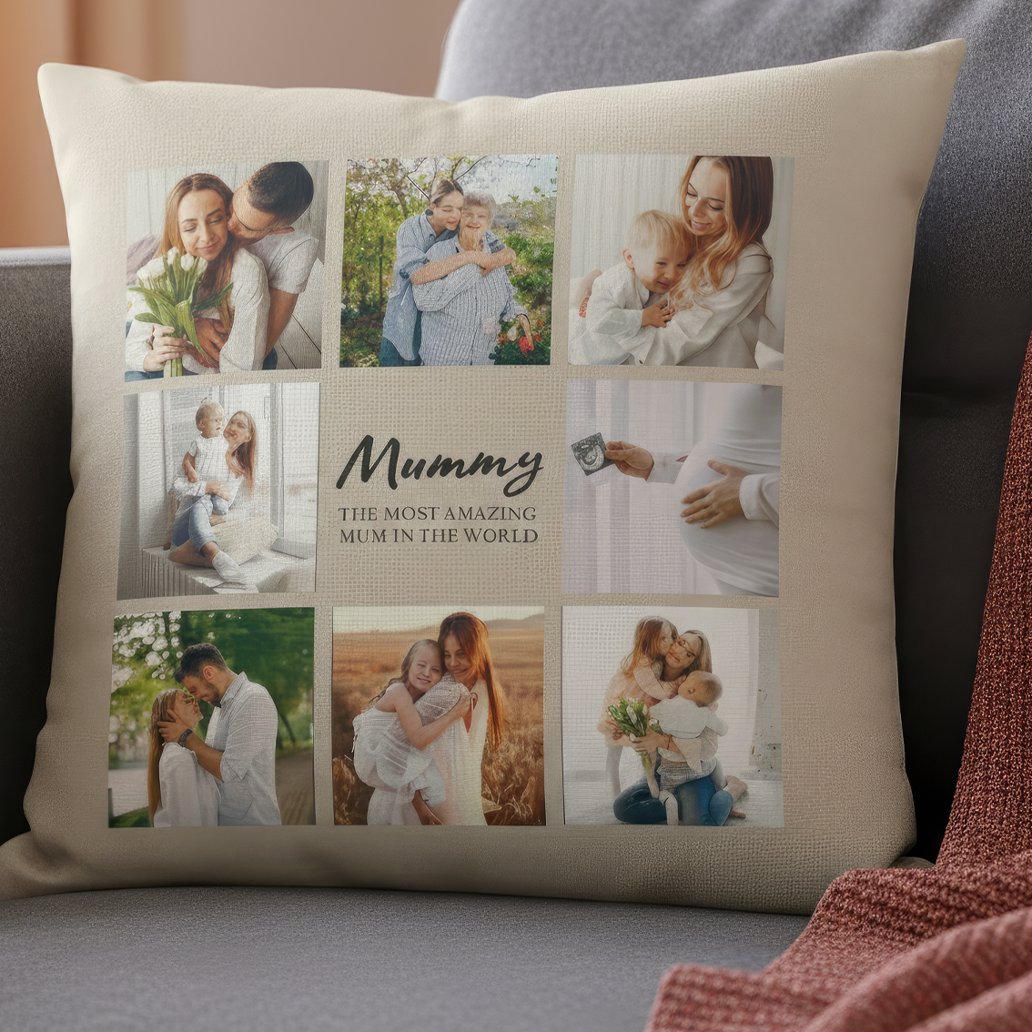 Personalised Cushion with 8 Photos and Choice of Name - Printed Cushion Cover - One Size