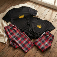 King & Queen Crowns - Couples Matching Pyjamas - Top & Tartan PJ Bottoms - (Sold Separately)