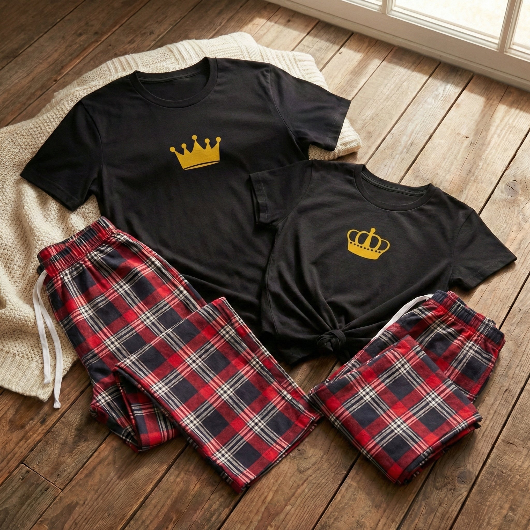 King & Queen Crowns - Couples Matching Pyjamas - Top & Tartan PJ Bottoms - (Sold Separately)
