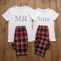 Mr & Mrs - Couples Matching Pyjamas - Top & Tartan PJ Bottoms - (Sold Separately)