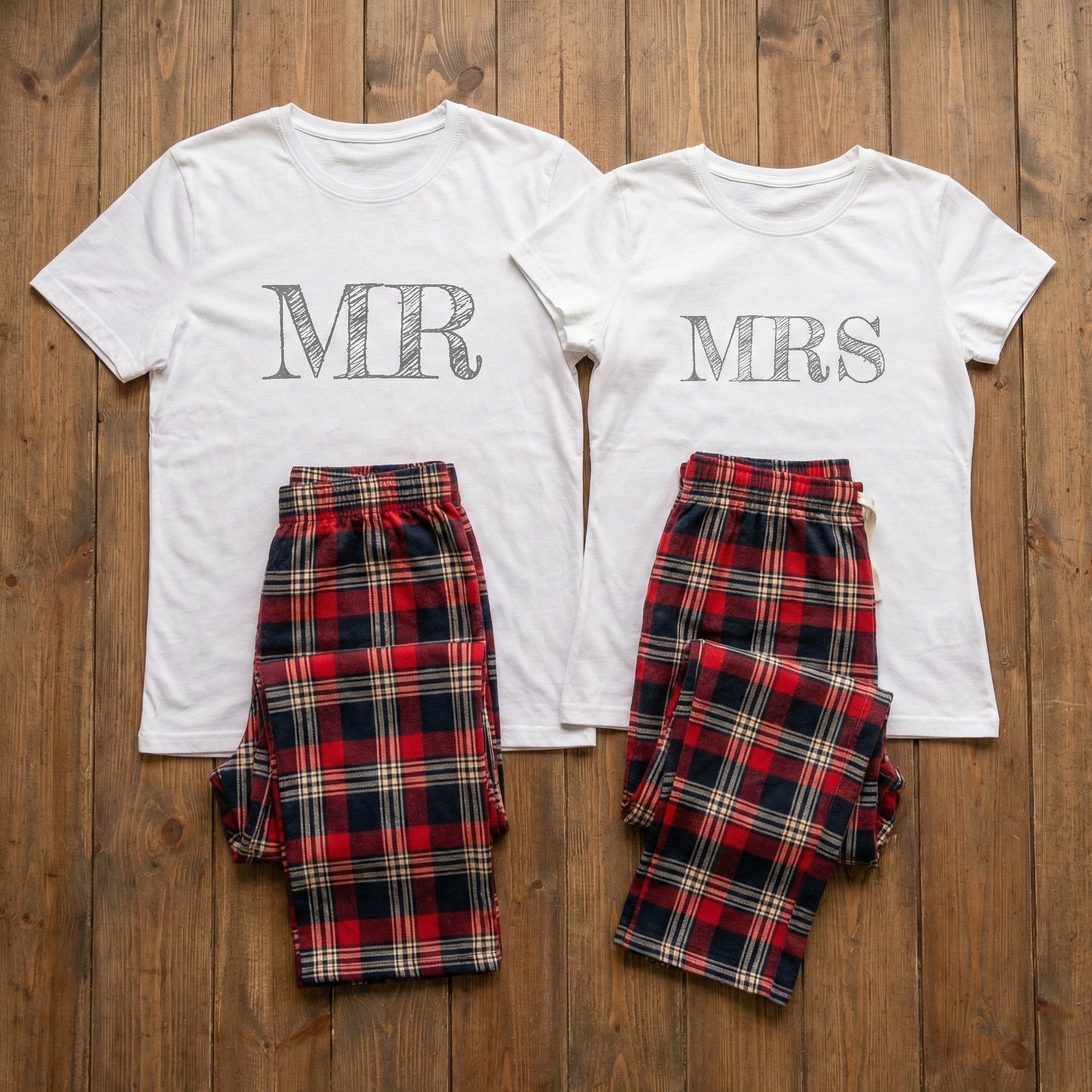 Mr & Mrs - Couples Matching Pyjamas - Top & Tartan PJ Bottoms - (Sold Separately)