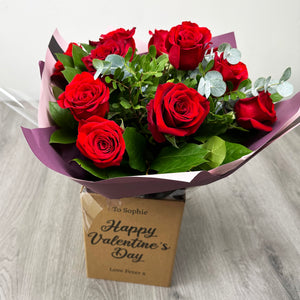 PERSONALISED Hand Tied Box & 12 Luxury Red Roses Bouquet - Dozen Red Roses
