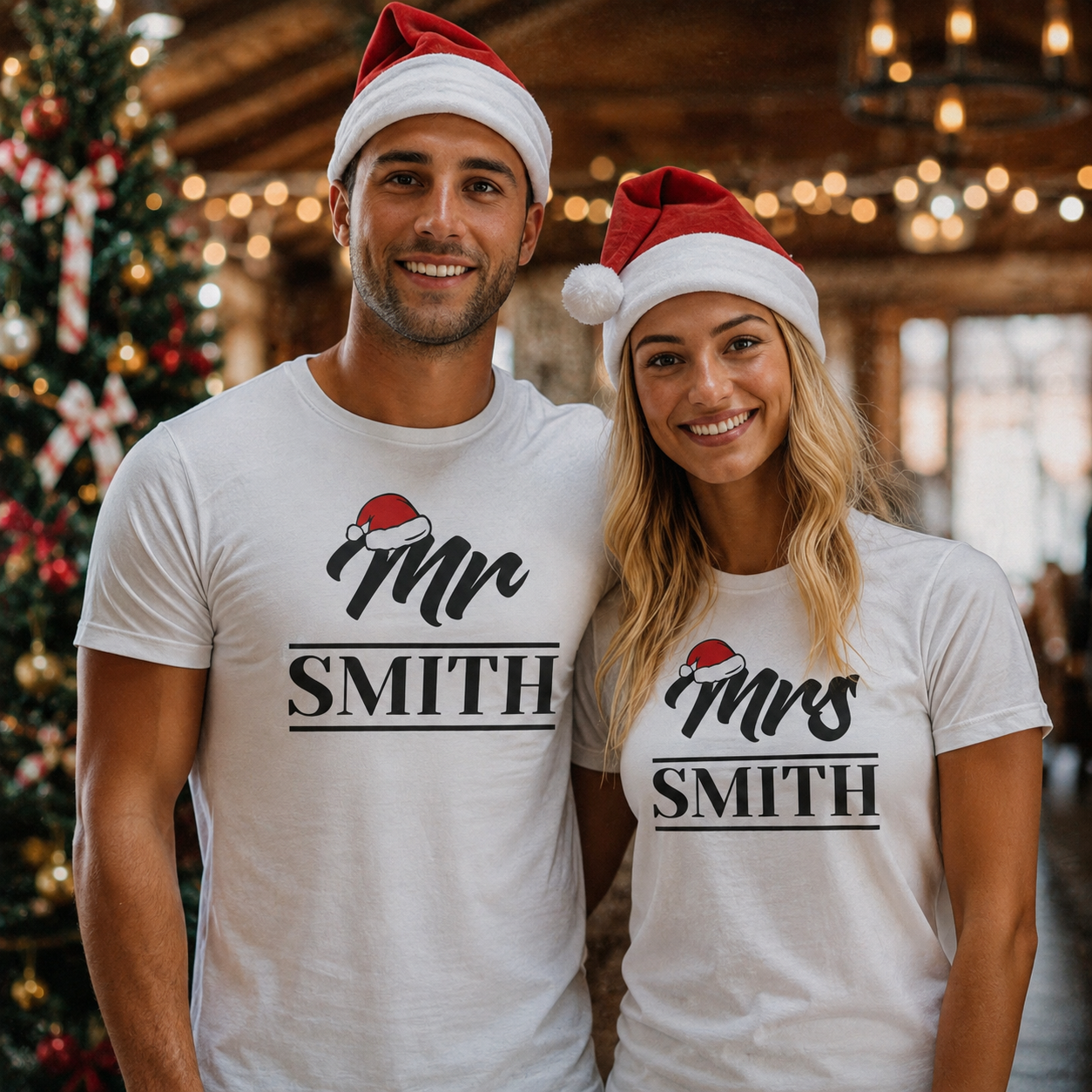 Personalised Mr & Mrs With Santa Hat - Couple Matching Christmas Tops - (Sold Separately)