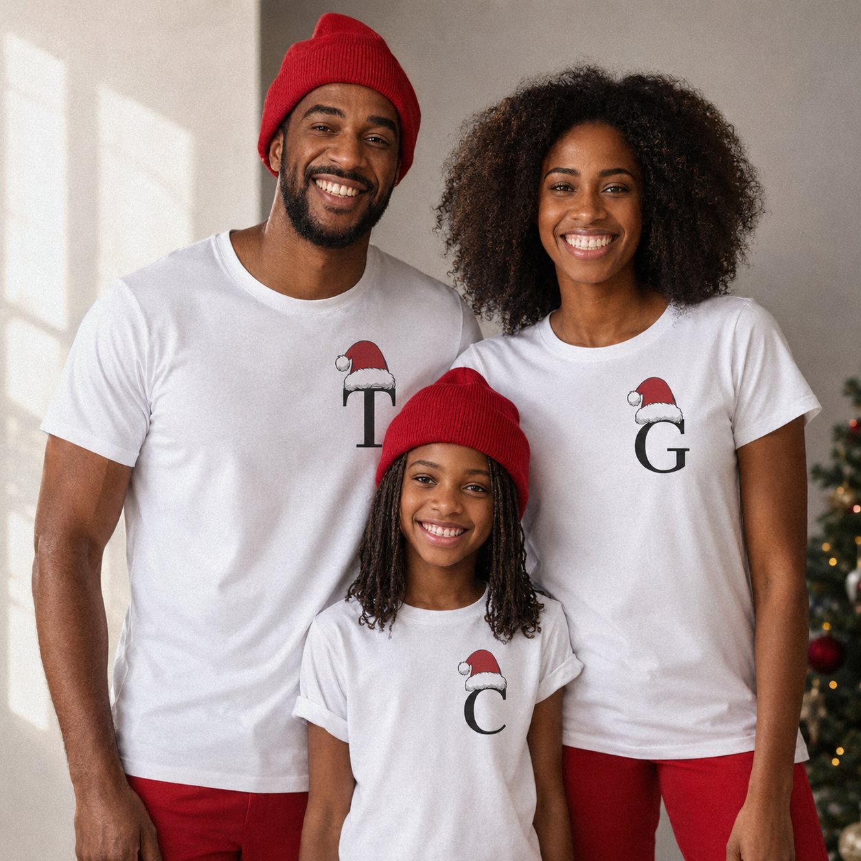 Personalised Inital With Santa Hat - Family Matching Christmas Tops - Adult, Kids & Baby - (Sold Separately)