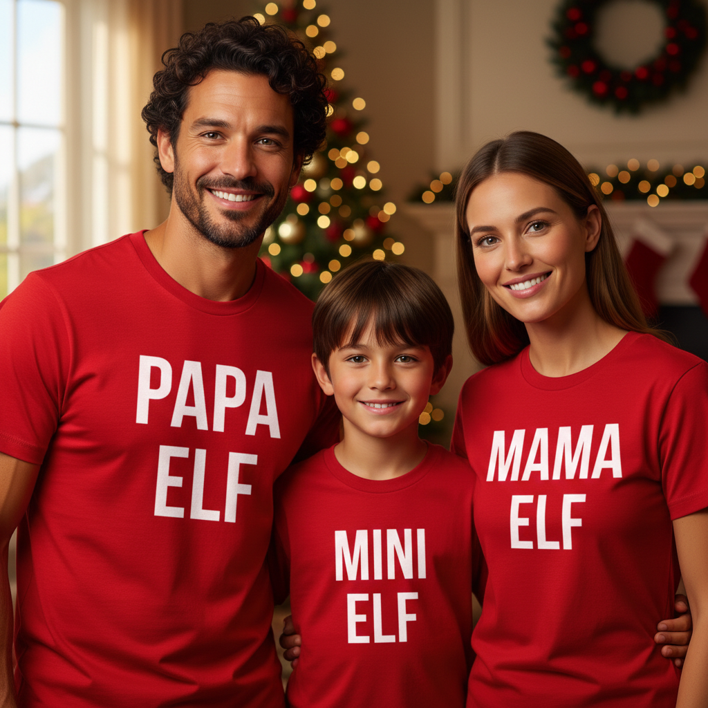 Papa, Mama, Mini Elf White - Family Matching Christmas Tops - Adult, Kids & Baby - (Sold Separately)