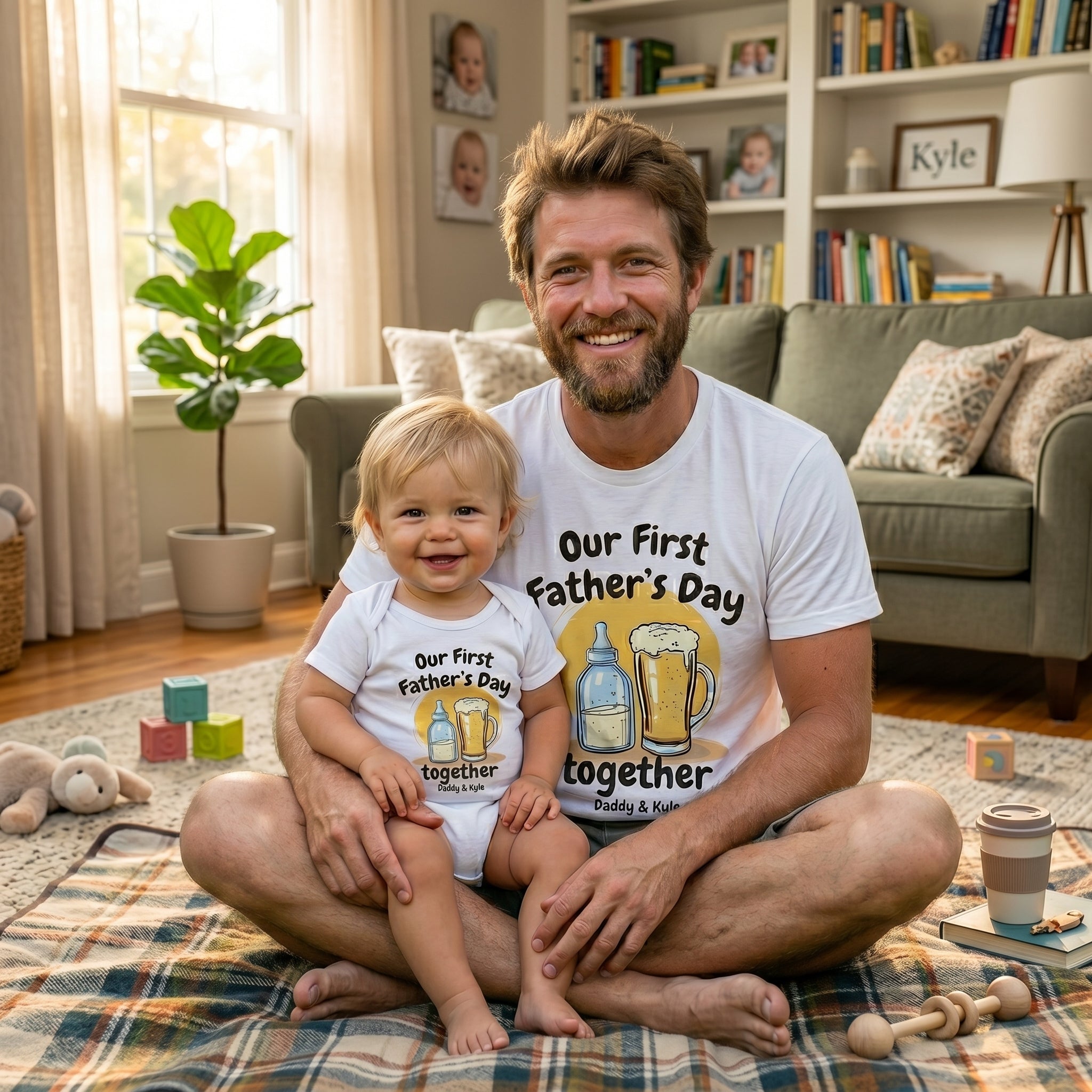 PERSONALISED Our First Father's Day Milk Bottle & Pint Glass - Baby / Kids T-Shirt & Men's T-Shirt - (Sold Separately)
