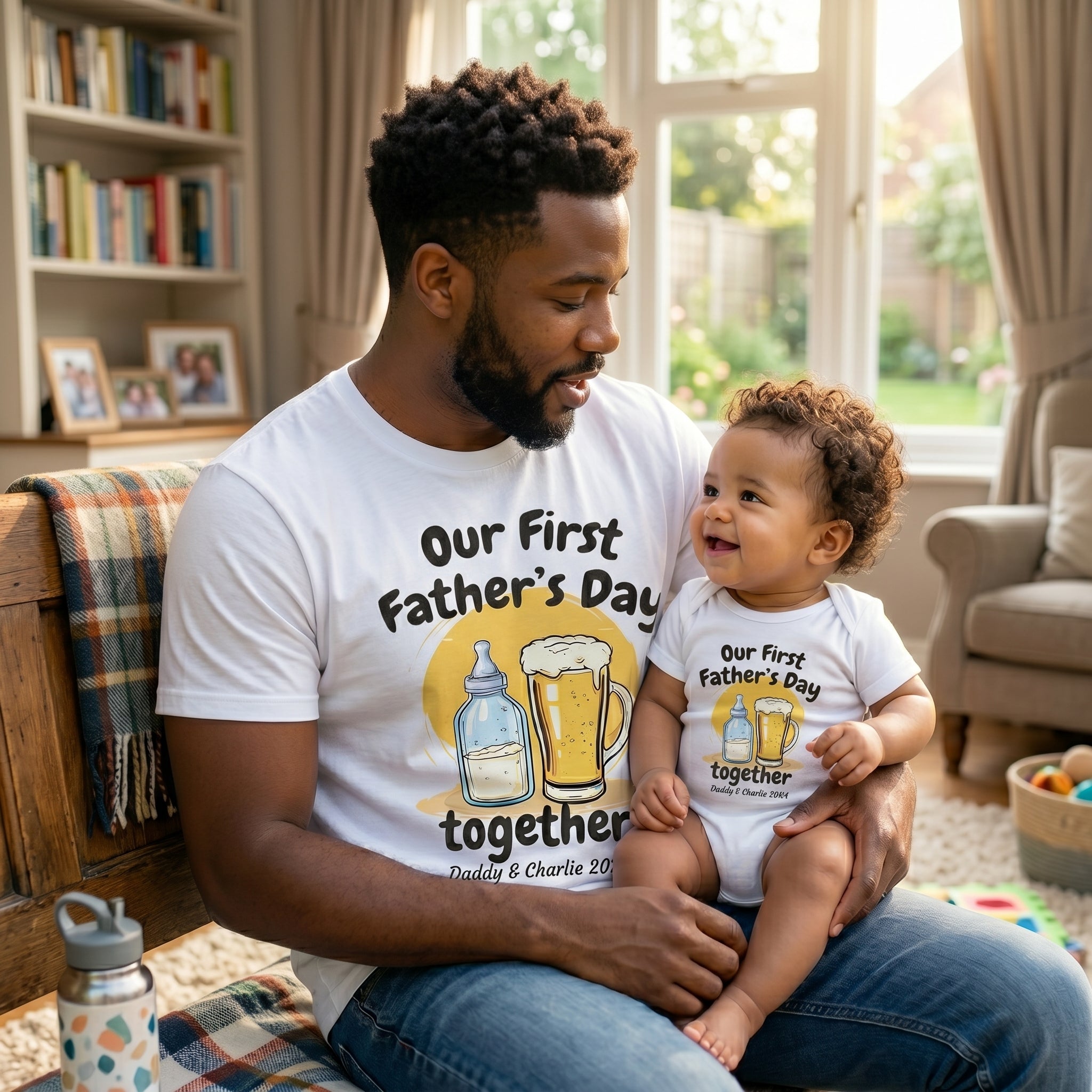 PERSONALISED Our First Father's Day Milk Bottle & Pint Glass - Baby / Kids T-Shirt & Men's T-Shirt - (Sold Separately)