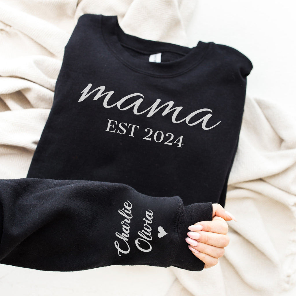 PERSONALISED Mama Scripted Est & Sleeve Name Print - All Styles - Mum T-Shirt, Sweater & Hoodie