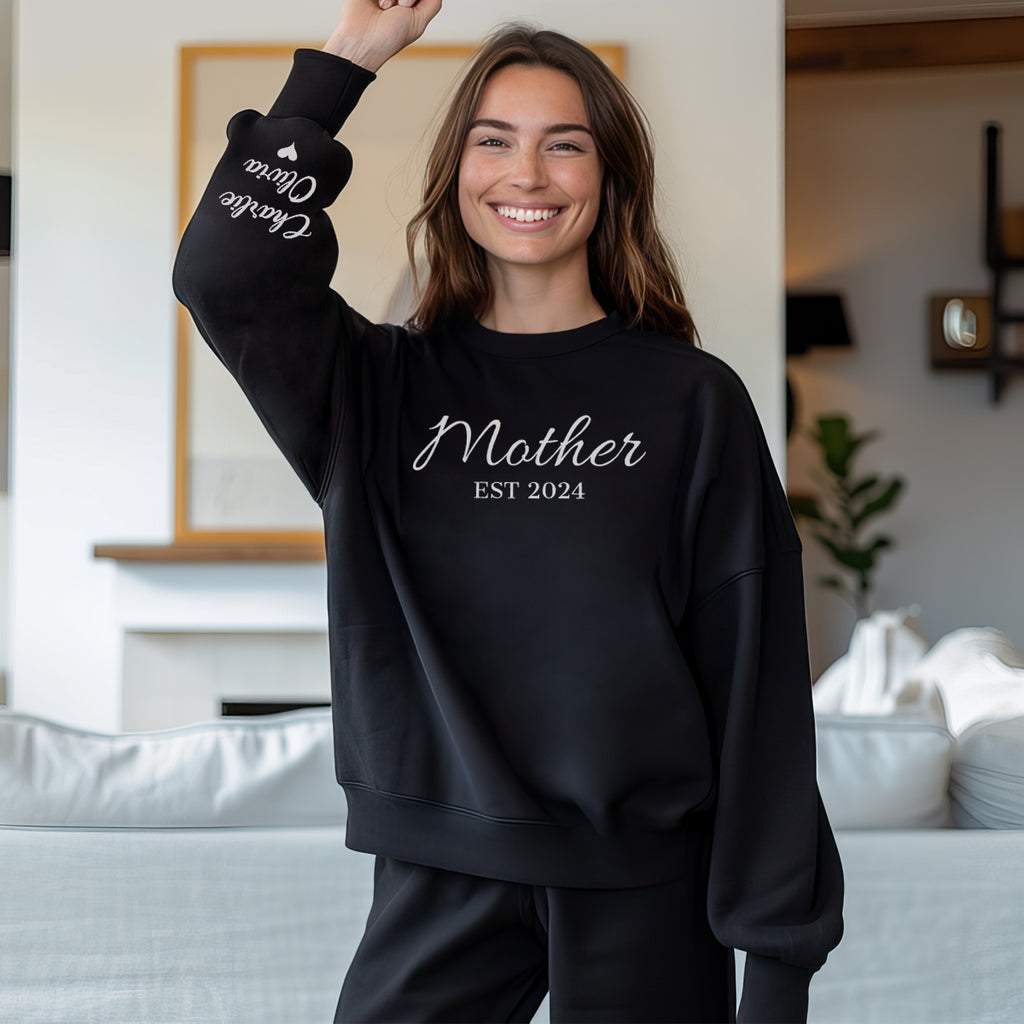 PERSONALISED Mother Est & Sleeve Name Print - All Styles - Mum T-Shirt, Sweater & Hoodie