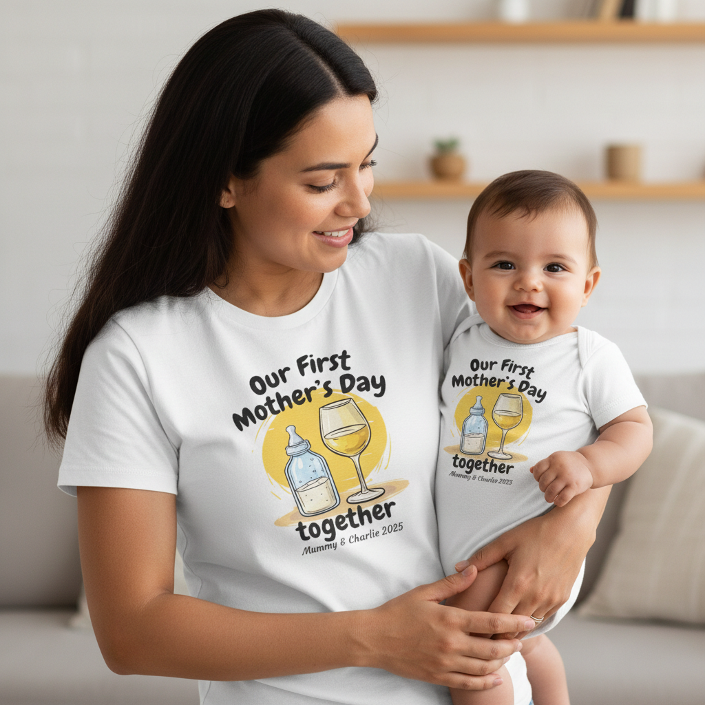 PERSONALISIERTES Geschenk zum ersten gemeinsamen Muttertag – T-Shirt &amp; Body