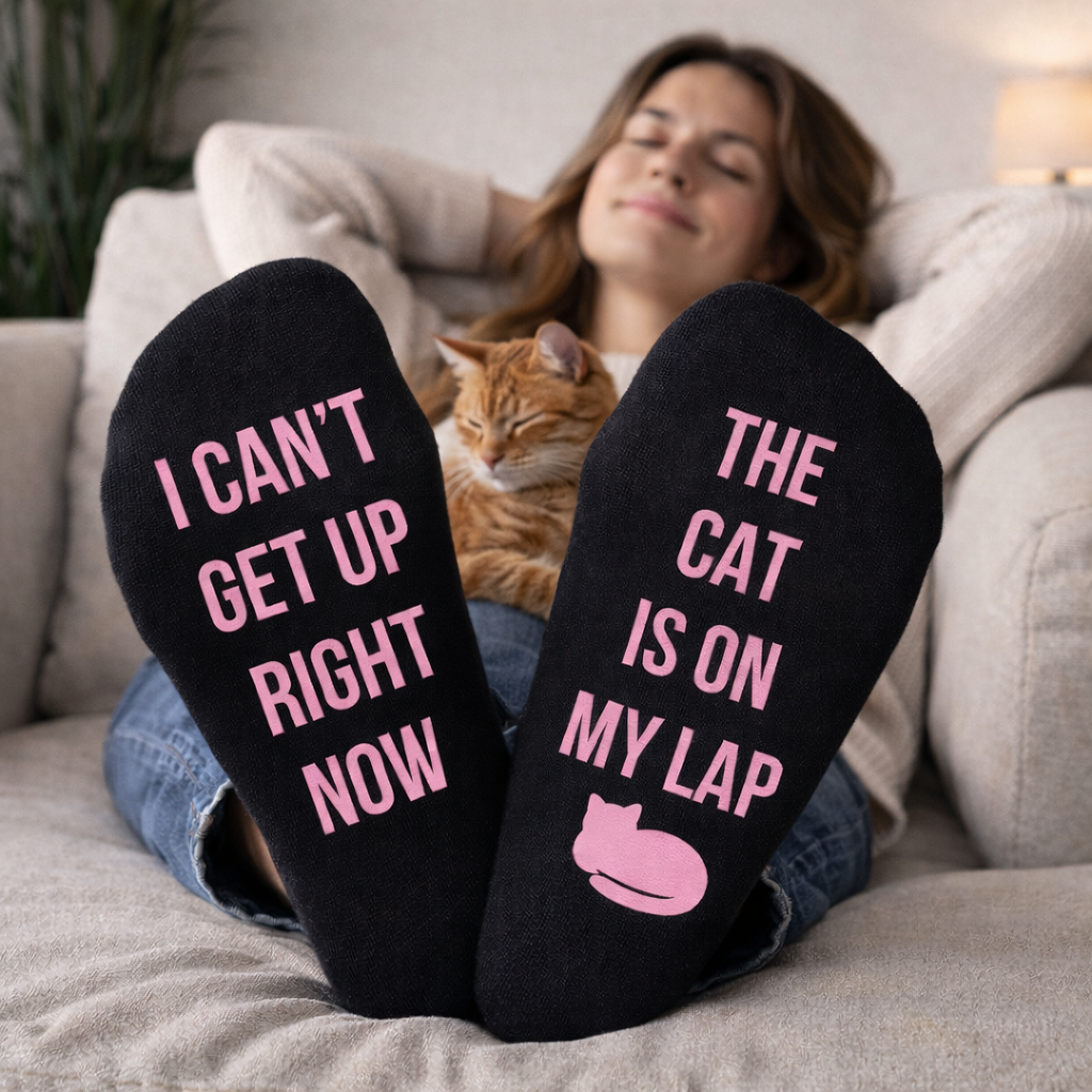 I Can't Get Up Right Now, The Cat Is On My Lap - Printed Funny Socks