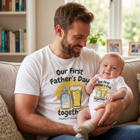 PERSONALISED Our First Father's Day Milk Bottle & Pint Glass - Baby / Kids T-Shirt & Men's T-Shirt - (Sold Separately)