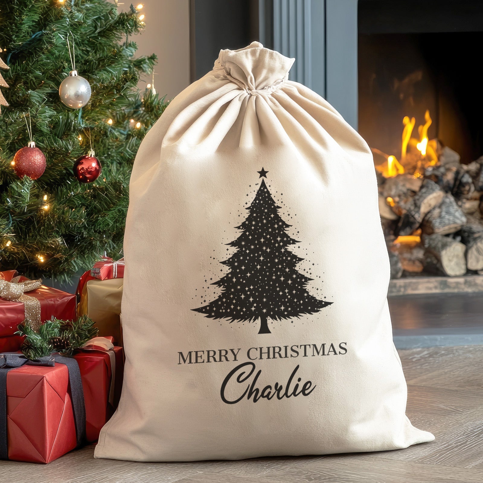 Personalised Name Merry Christmas & Tree - Christmas Santa Sack