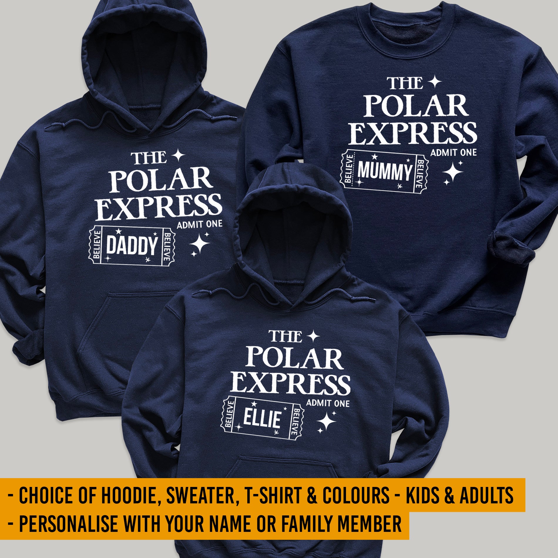 PERSONALISED Name Polar Express - Christmas Hoodie, T-Shirt or Sweater - All Sizes