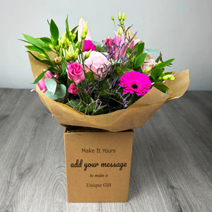 PERSONALISED Pretty Pinks Hand Tied Box Bouquet - Create Your Own Text Design