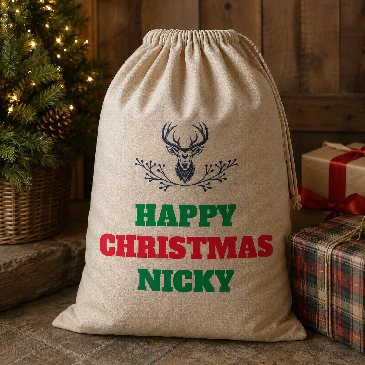 Personalisierter Rentier-Weihnachtssack mit Namen, bunt, Weihnachtsmann-Sack
