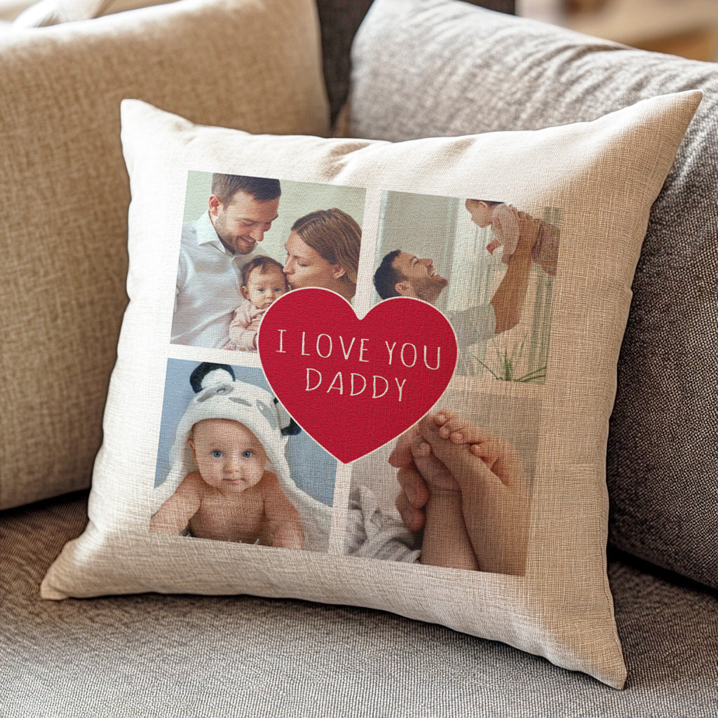 Personalised Heart Dad Cushion with 4 Photos - Printed Cushion Cover - One Size