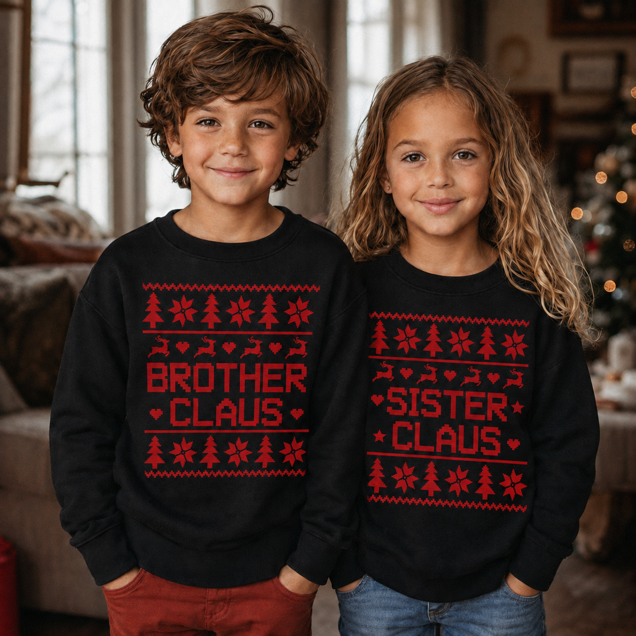 Weihnachtspullover mit Muster für Familiennamen von Claus – Weihnachtspullover-Sweatshirt – Schwarz – Alle Größen