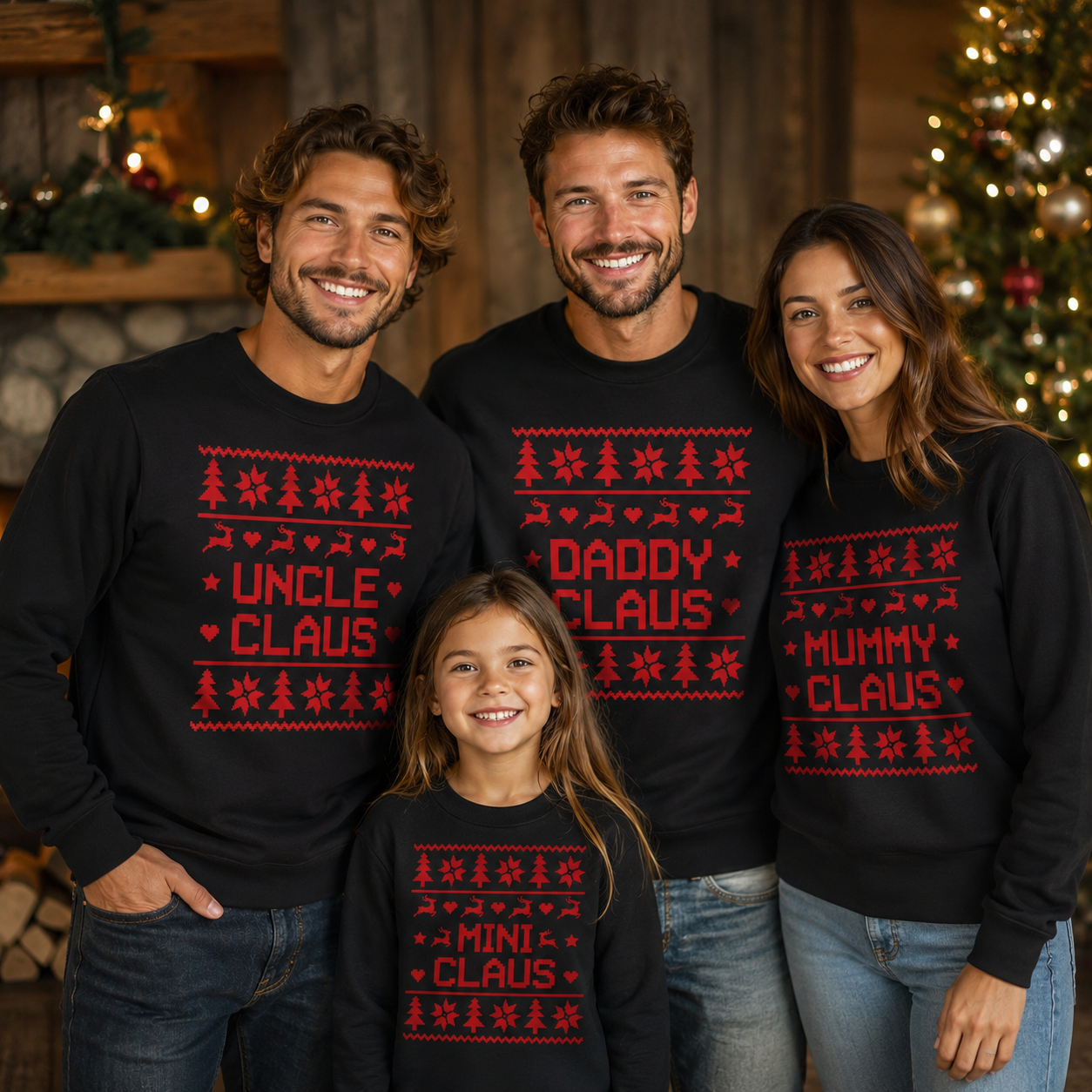 Weihnachtspullover mit Muster für Familiennamen von Claus – Weihnachtspullover-Sweatshirt – Schwarz – Alle Größen