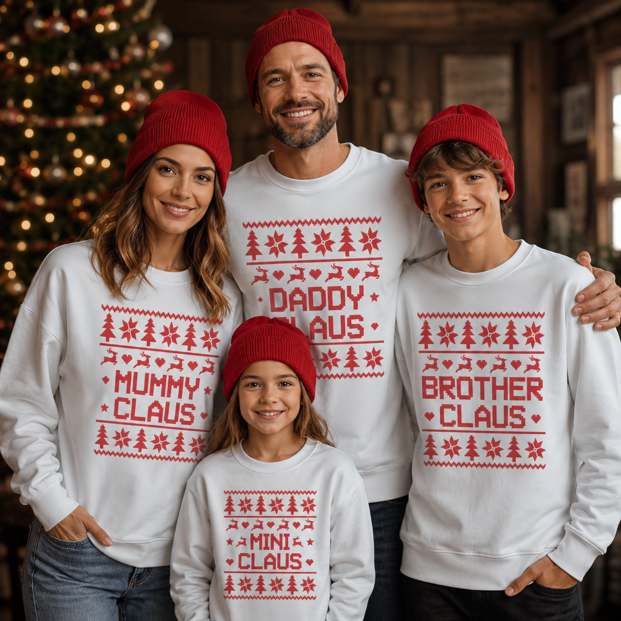 Claus Family Names Pattern Christmas Sweater - Christmas Jumper Sweatshirt - White - All Sizes