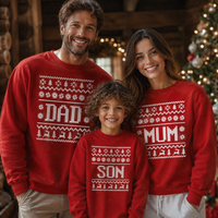 Weihnachtspullover mit Familiennamenmuster – Weihnachtspullover-Sweatshirt – Rot – Alle Größen