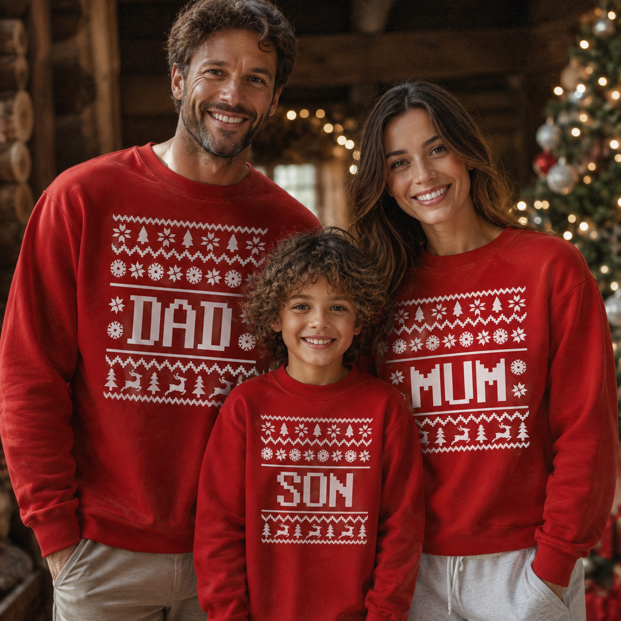 Weihnachtspullover mit Familiennamenmuster – Weihnachtspullover-Sweatshirt – Rot – Alle Größen