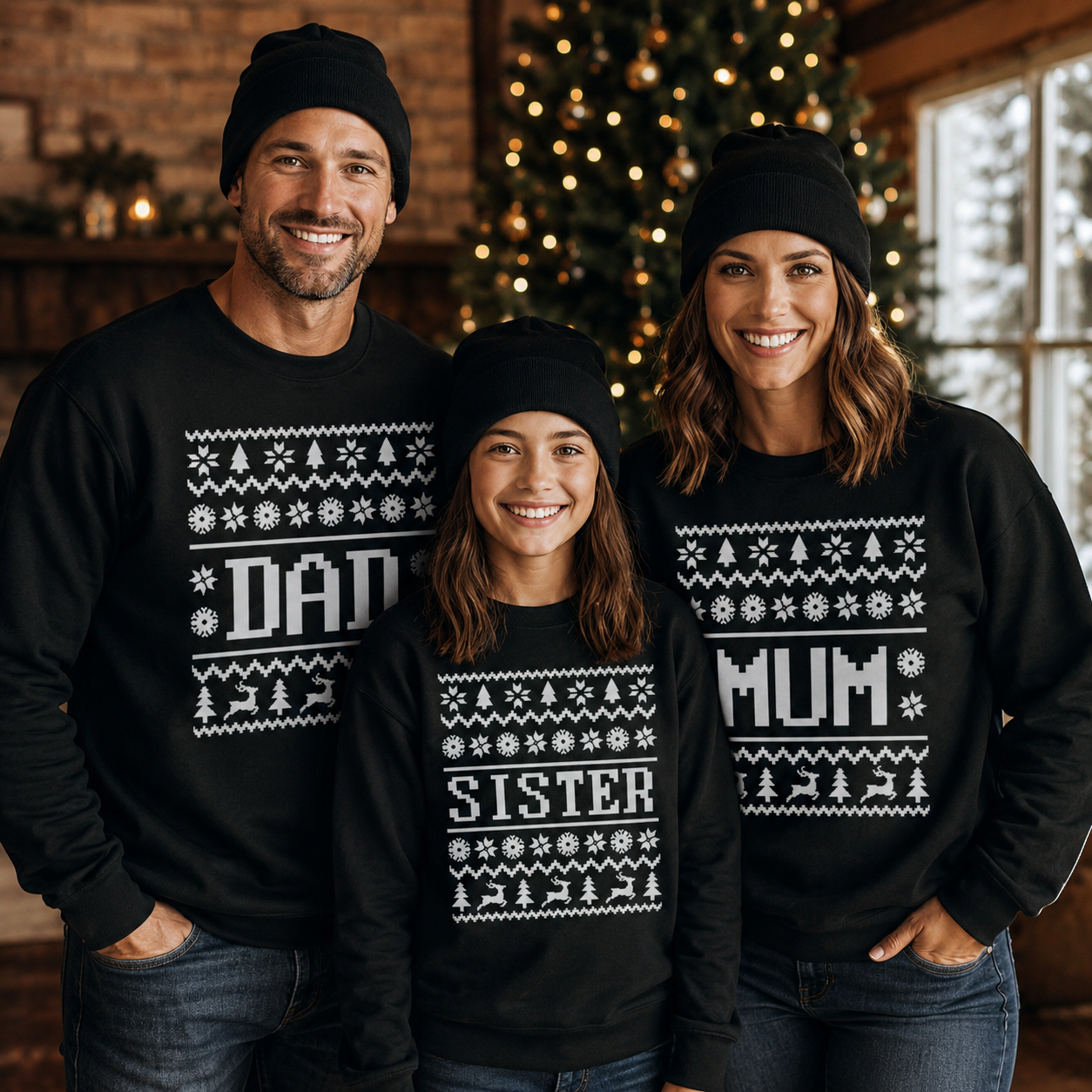 Weihnachtspullover mit Familiennamenmuster – Weihnachtspullover-Sweatshirt – Schwarz – Alle Größen