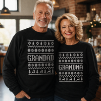 Weihnachtspullover mit Familiennamenmuster – Weihnachtspullover-Sweatshirt – Schwarz – Alle Größen