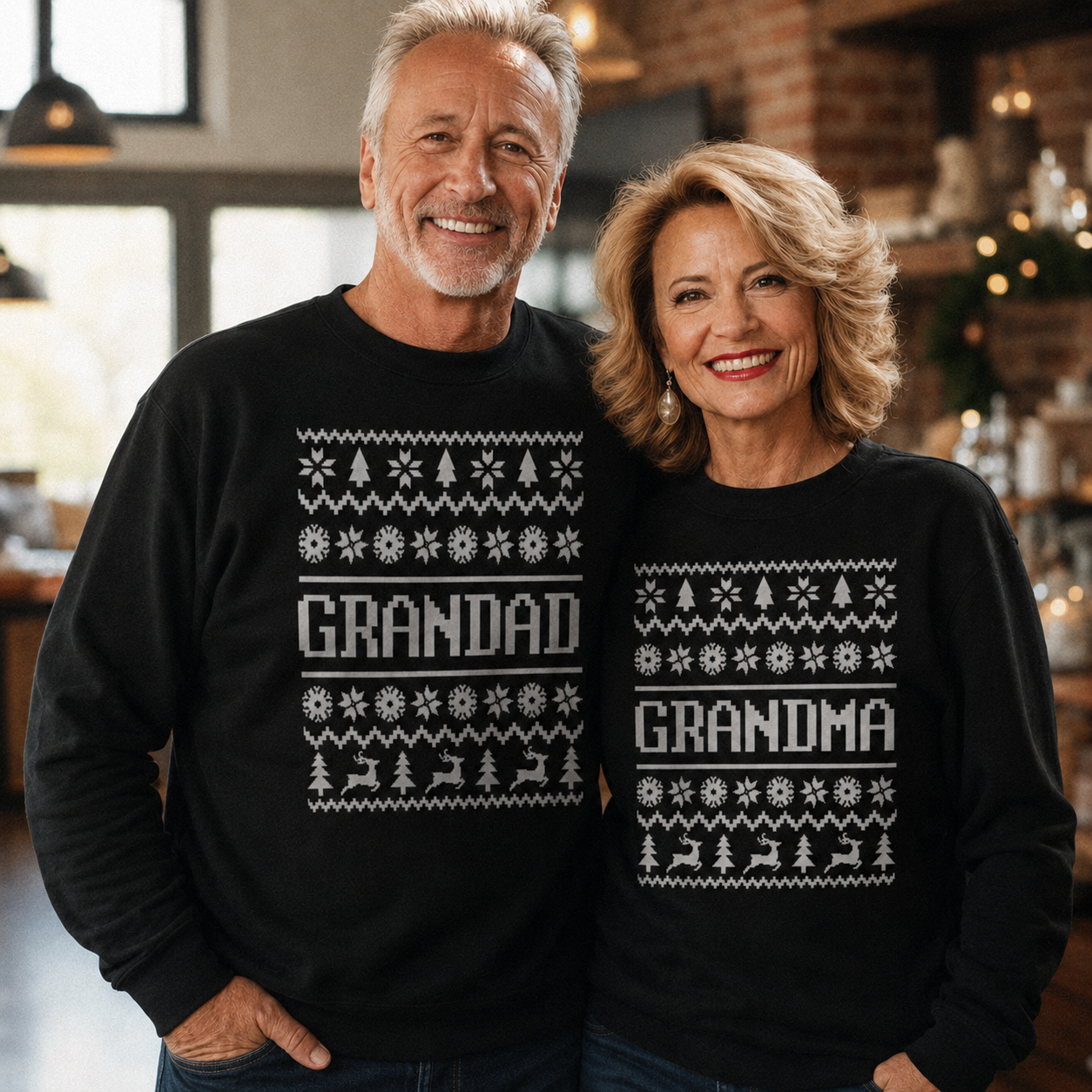 Weihnachtspullover mit Familiennamenmuster – Weihnachtspullover-Sweatshirt – Schwarz – Alle Größen