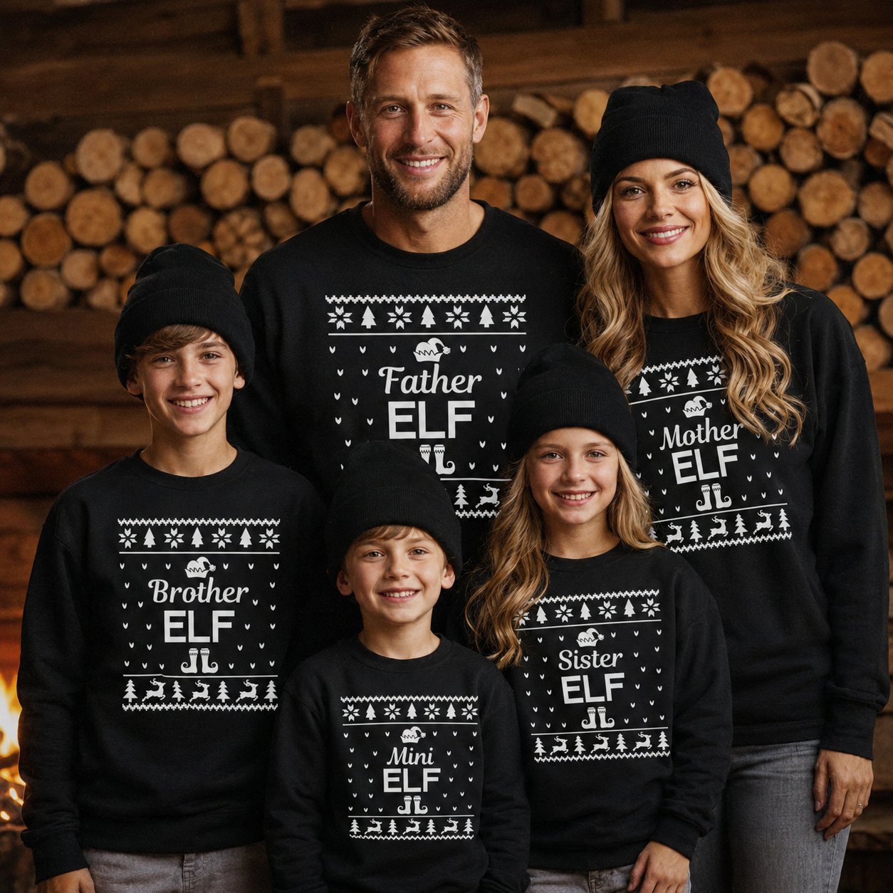 Weihnachtspullover mit Elfenfamiliennamen – Weihnachtspullover-Sweatshirt – Schwarz – Alle Größen