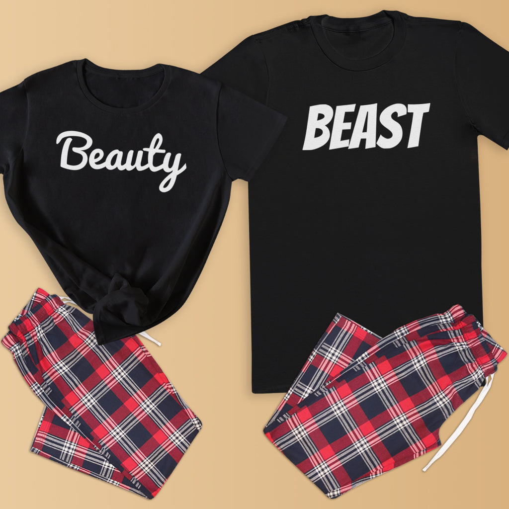 Beauty & Beast - Couples Matching Pyjamas - Top & Tartan PJ Bottoms - (Sold Separately)