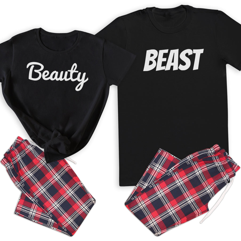 Beauty & Beast - Couples Matching Pyjamas - Top & Tartan PJ Bottoms - (Sold Separately)