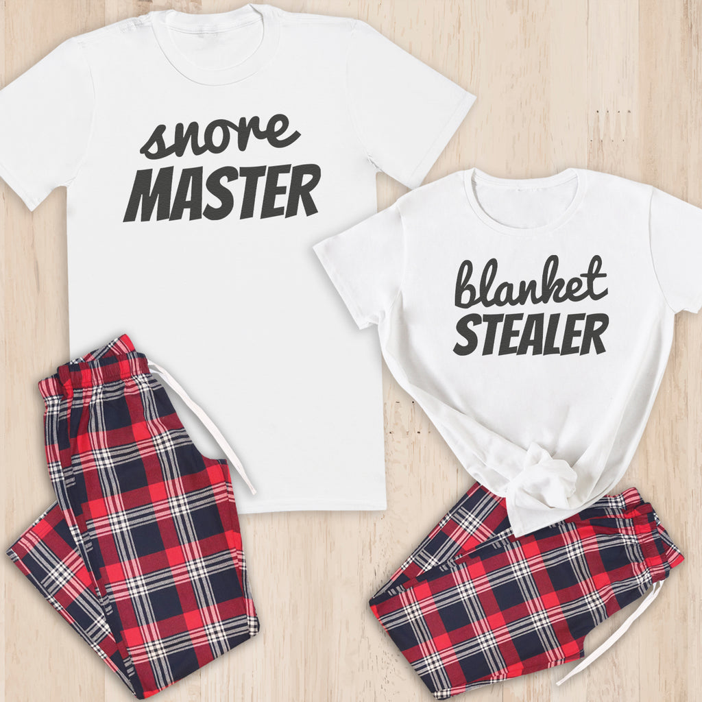Snore Master & Blanket Stealer - Couples Matching Pyjamas - Top & Tartan PJ Bottoms - (Sold Separately)