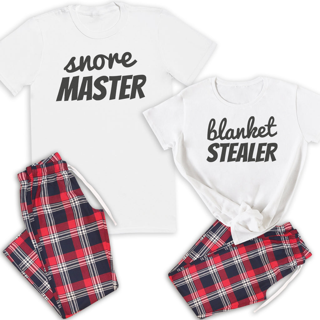 Snore Master & Blanket Stealer - Couples Matching Pyjamas - Top & Tartan PJ Bottoms - (Sold Separately)