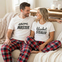 Snore Master & Blanket Stealer - Couples Matching Pyjamas - Top & Tartan PJ Bottoms - (Sold Separately)