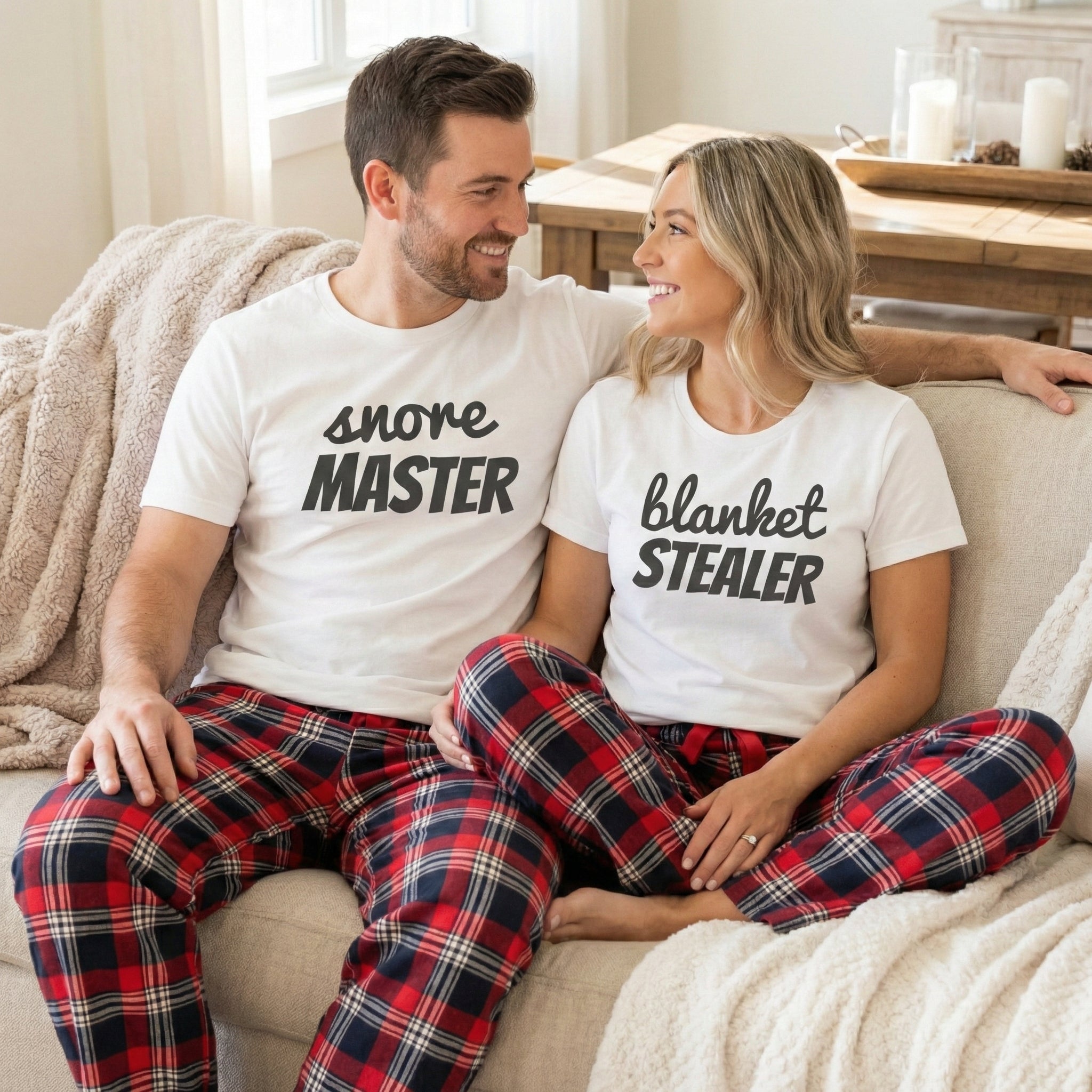 Snore Master & Blanket Stealer - Couples Matching Pyjamas - Top & Tartan PJ Bottoms - (Sold Separately)