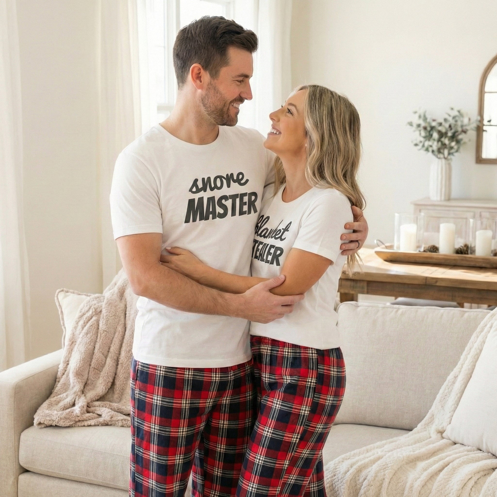 Snore Master & Blanket Stealer - Couples Matching Pyjamas - Top & Tartan PJ Bottoms - (Sold Separately)