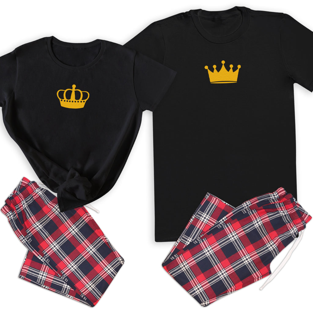 King & Queen Crowns - Couples Matching Pyjamas - Top & Tartan PJ Bottoms - (Sold Separately)