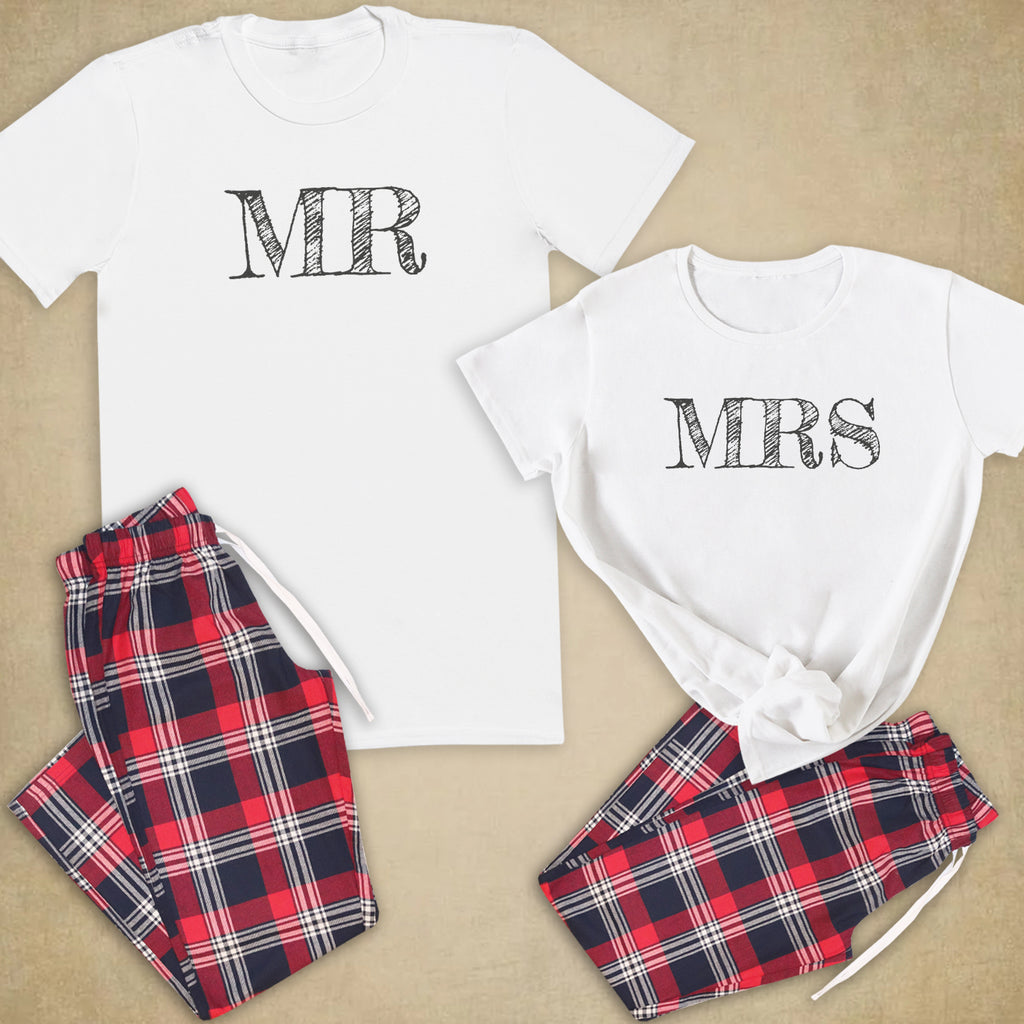 Mr & Mrs - Couples Matching Pyjamas - Top & Tartan PJ Bottoms - (Sold Separately)