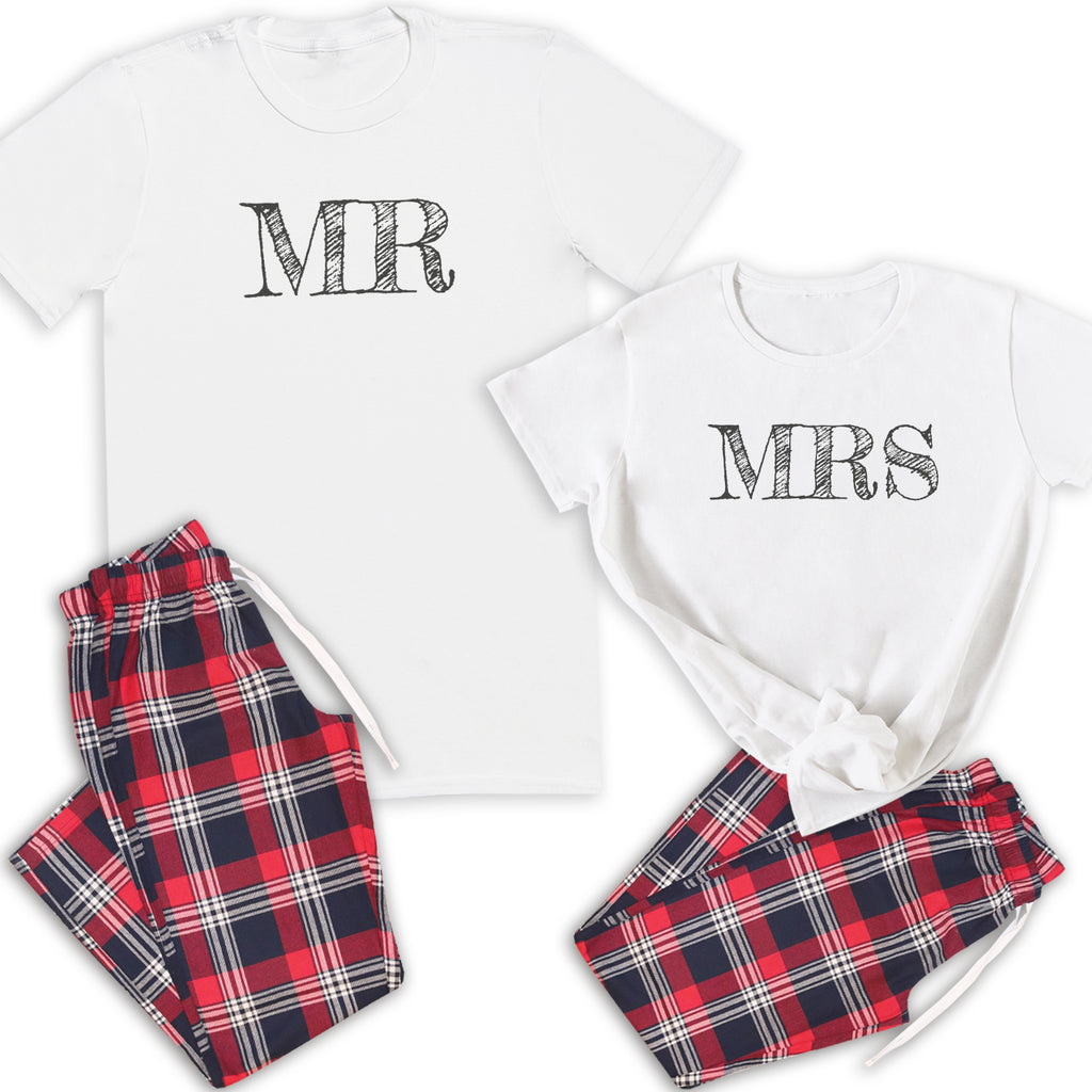 Mr & Mrs - Couples Matching Pyjamas - Top & Tartan PJ Bottoms - (Sold Separately)