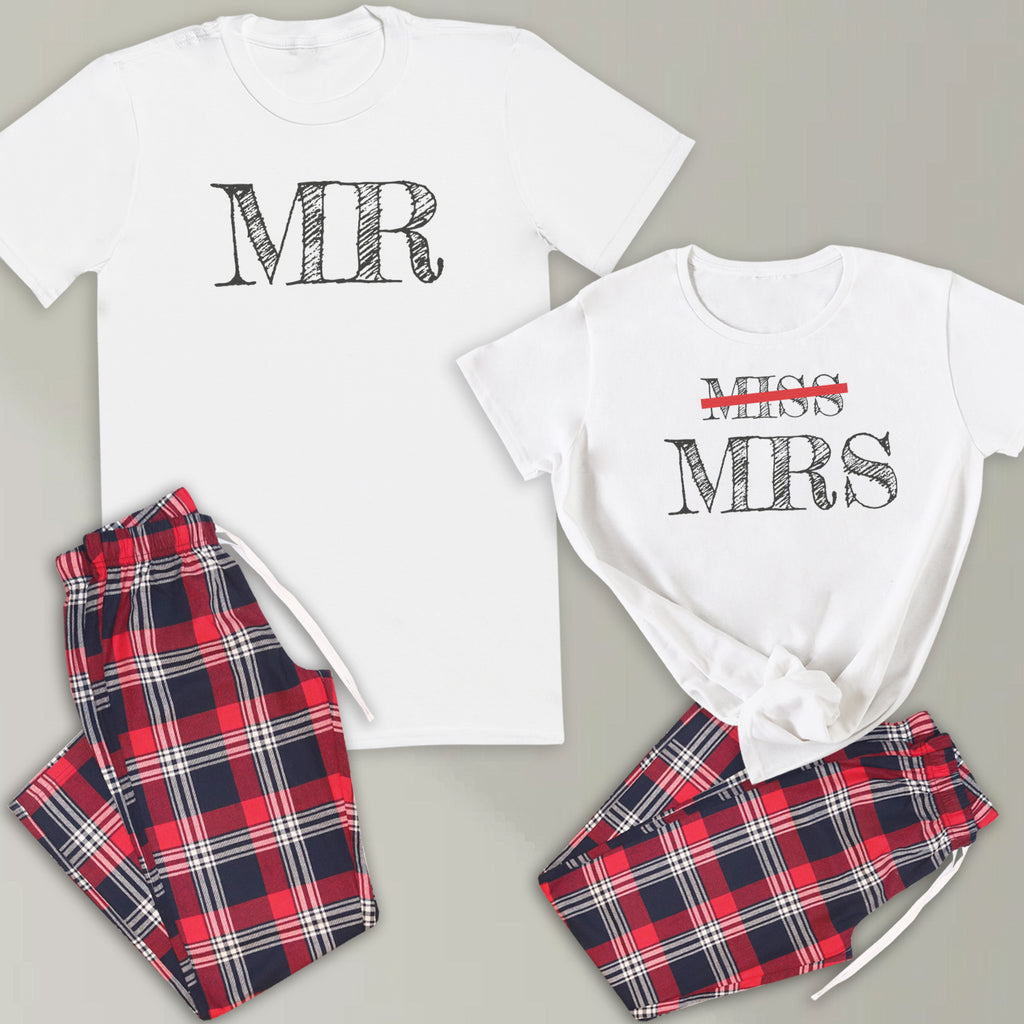 Mr & Now Mrs - Couples Matching Pyjamas - Top & Tartan PJ Bottoms - (Sold Separately)