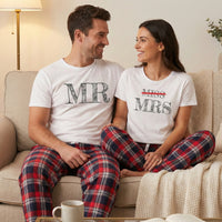 Mr & Now Mrs - Couples Matching Pyjamas - Top & Tartan PJ Bottoms - (Sold Separately)