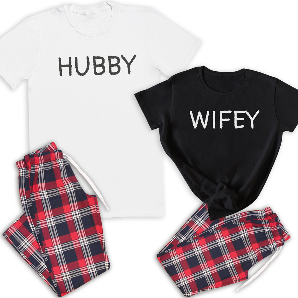 Hubby & Wifey - Couples Matching Pyjamas - Top & Tartan PJ Bottoms - (Sold Separately)