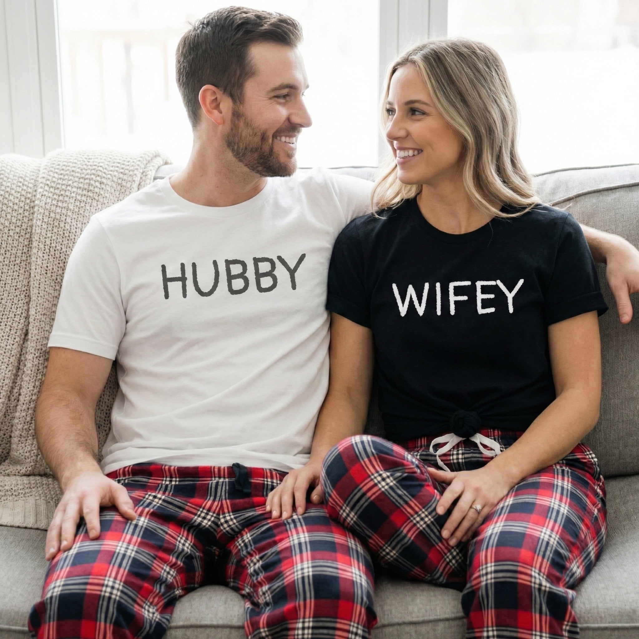 Hubby & Wifey - Couples Matching Pyjamas - Top & Tartan PJ Bottoms - (Sold Separately)