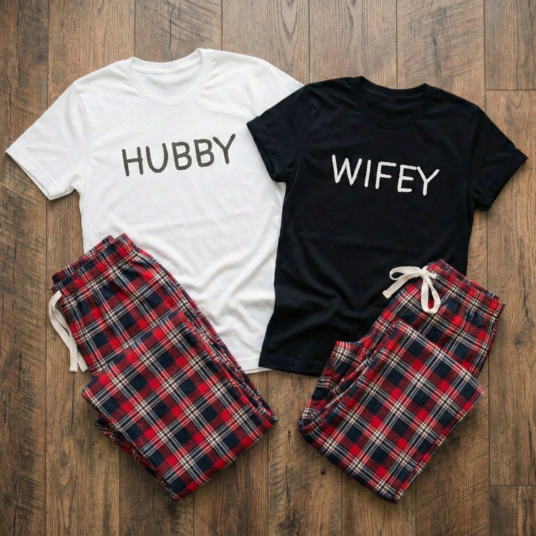 Hubby & Wifey - Couples Matching Pyjamas - Top & Tartan PJ Bottoms - (Sold Separately)