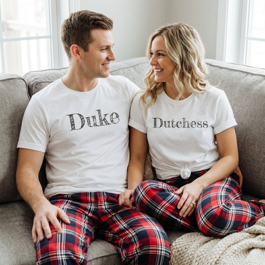 Duke & Dutchess - Couples Matching Pyjamas - Top & Tartan PJ Bottoms - (Sold Separately)