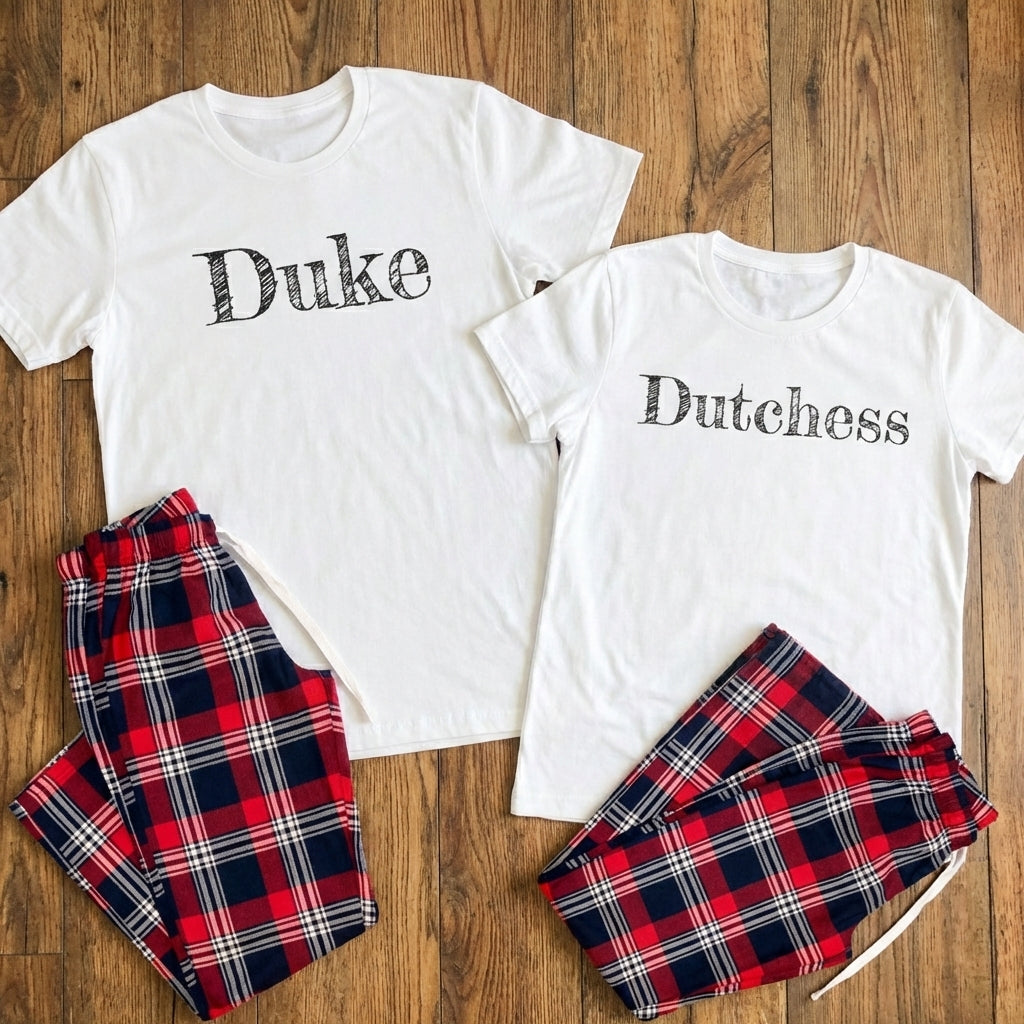 Duke & Dutchess - Couples Matching Pyjamas - Top & Tartan PJ Bottoms - (Sold Separately)