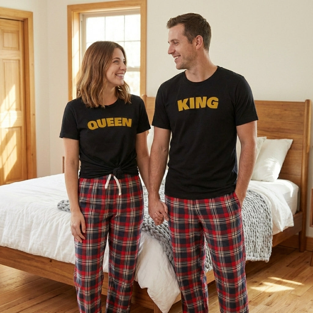 King & Queen Text - Couples Matching Pyjamas - Top & Tartan PJ Bottoms - (Sold Separately)